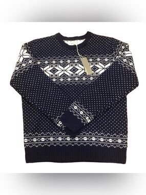 NEW Barque Men’s Wool Snowflake Crewneck Sweater Medium Navy/White Holiday